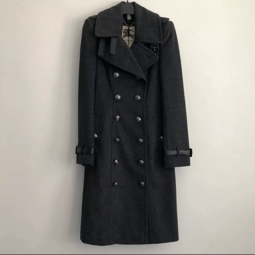 RARE BURBERRY Cashmere Pleat Military Trench coat Leather grey size 4 Heritage